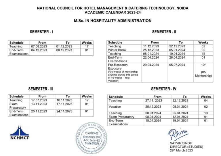 Academic Calendar IHM Bangalore