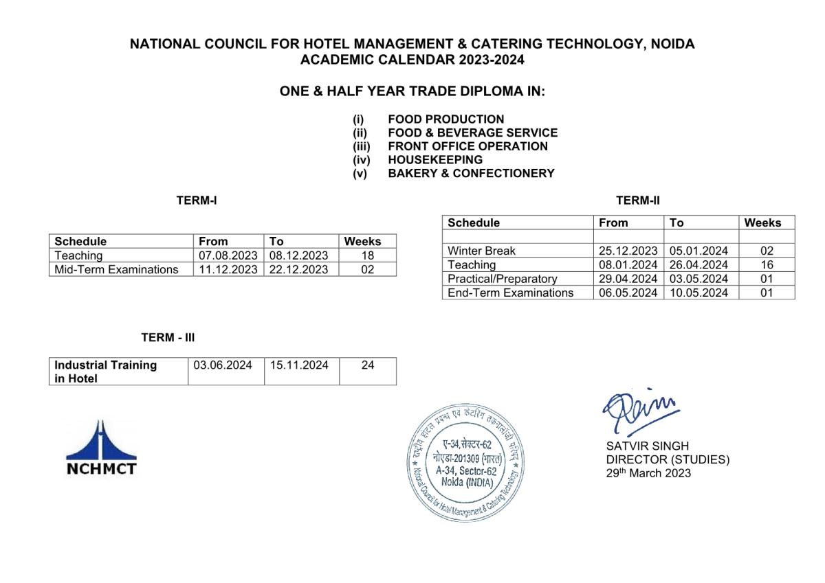 Academic Calendar IHM Bangalore