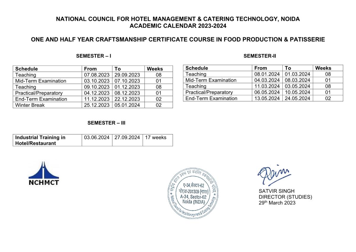 Academic Calendar IHM Bangalore